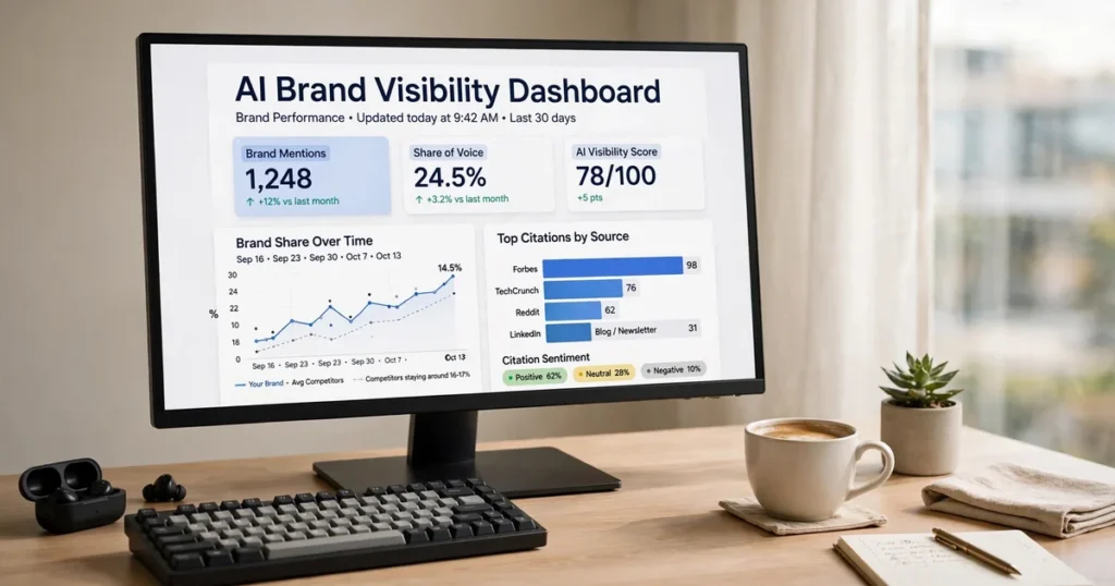 AI search visibility platform dashboard on a desktop monitor showing brand citation charts for an AI visibility platform launch