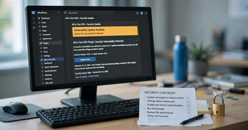 All In One SEO plugin vulnerability update shown as a monitor with a dashboard in soft focus, a padlock, and a printed security checklist on a desk