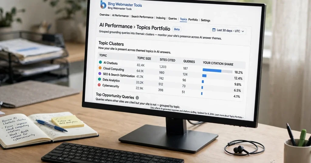 Bing Topics Portfolio dashboard on a desktop monitor grouping AI citation queries into topic clusters on an office desk