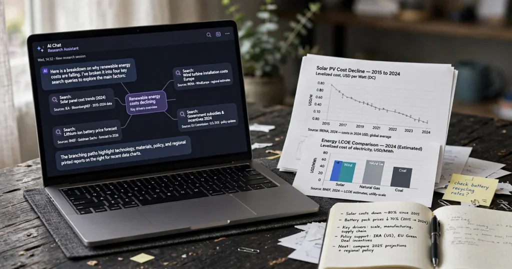 ChatGPT query fan-out shown on a laptop screen with one AI answer branching into several background search queries beside printed charts