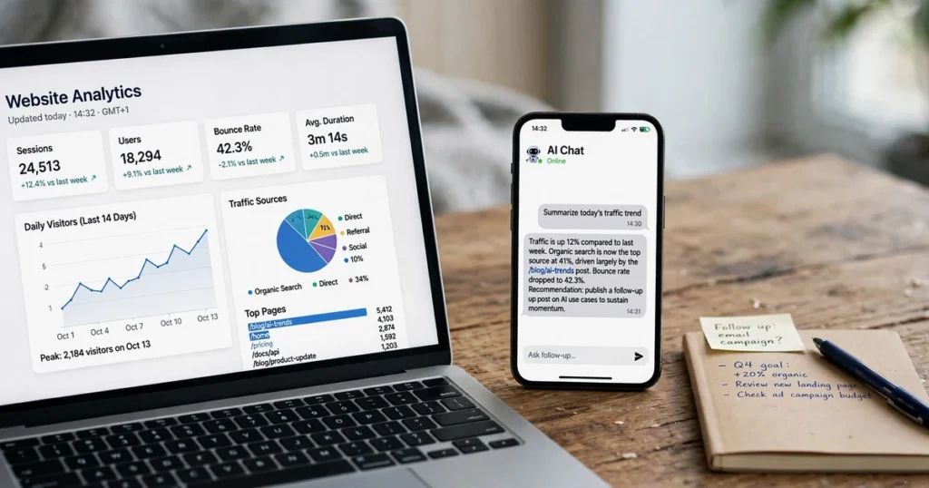 Laptop analytics dashboard measuring Gemini AI referral traffic with UTM parameters