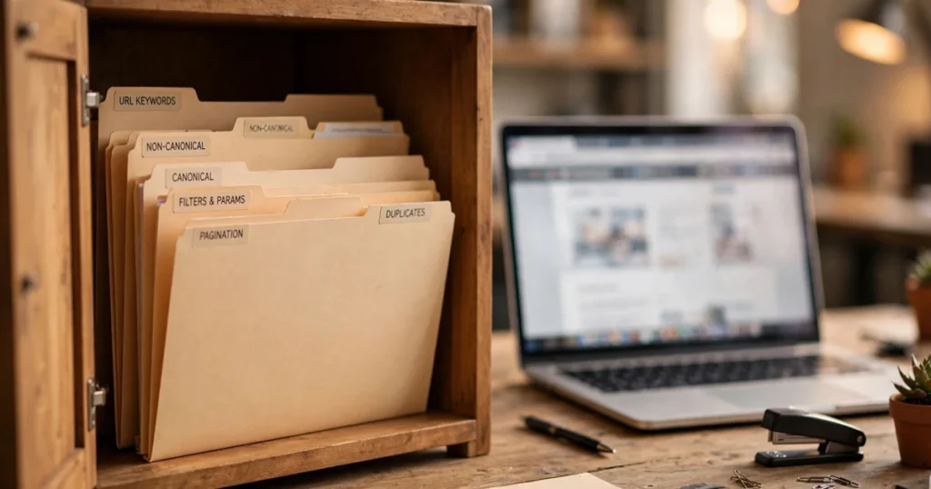 Google URL keywords and The Non-Canonical Cabinet illustrated by an open cabinet with labelled folders and a laptop showing a browser address bar