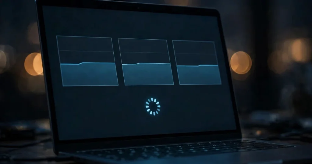 Google Search Console performance report delay shown on a stalled analytics dashboard with a loading spinner