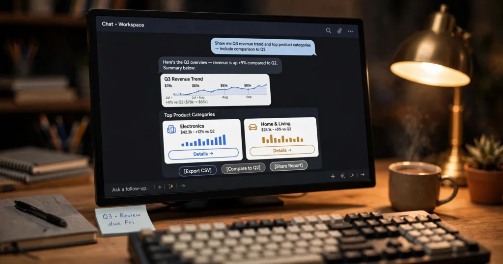 Monitor displaying ChatGPT GPT-6 Intelligent UI with interactive answers including charts and tappable buttons
