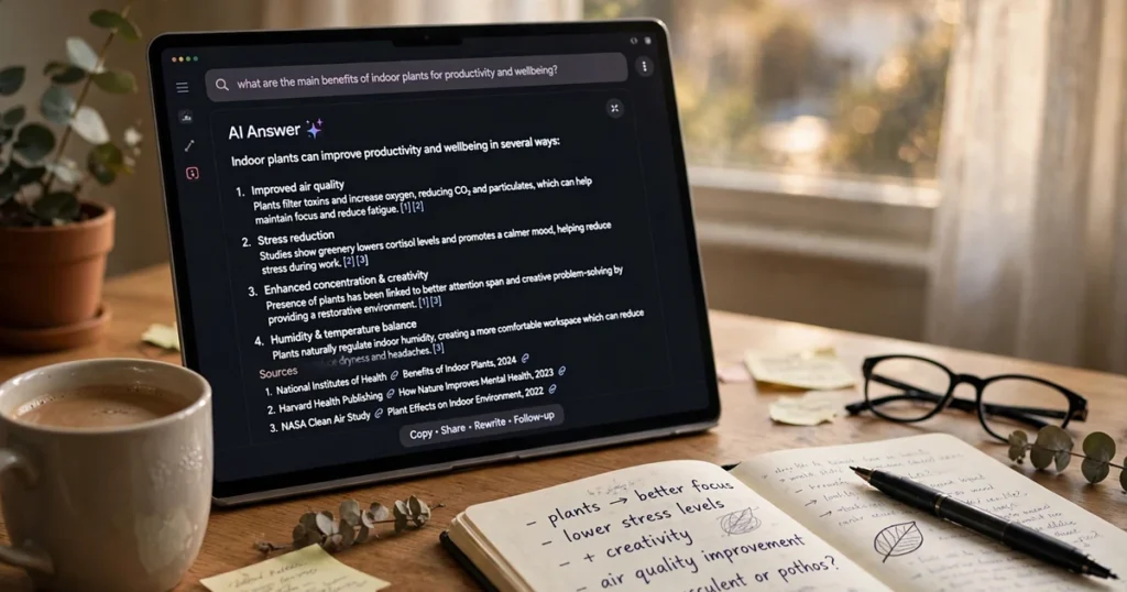How GEO optimization affects website traffic shown with an AI search interface on a laptop