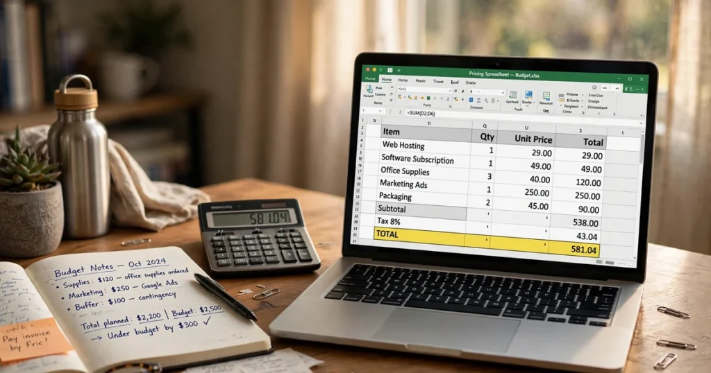 Website optimization cost breakdown shown as a pricing spreadsheet on a laptop