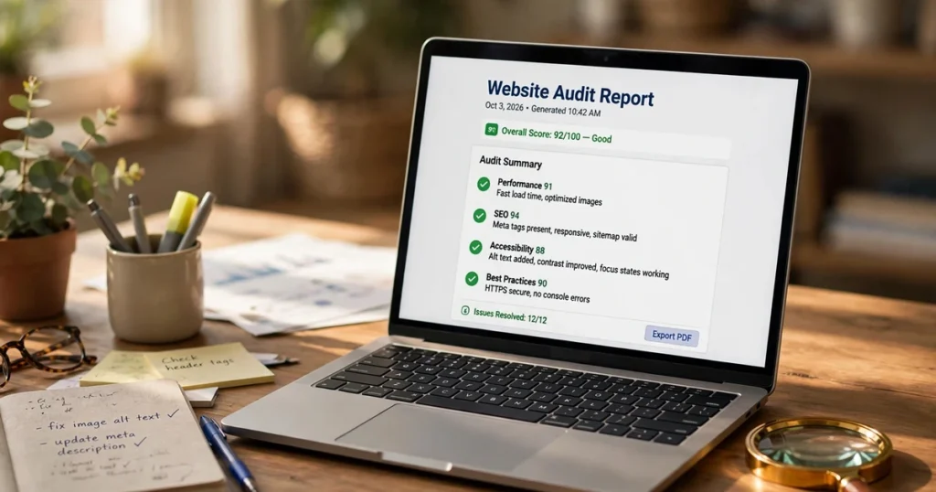 How to check website optimization with an audit report on a laptop