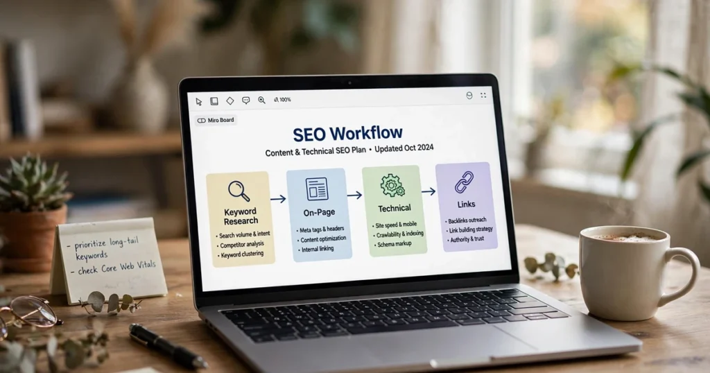 How to do search engine optimization for a website with an SEO workflow diagram on a laptop