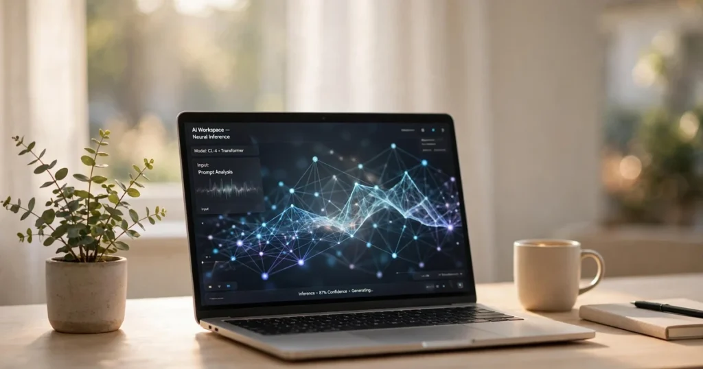 How to use AI in website optimization shown on a laptop with an AI interface