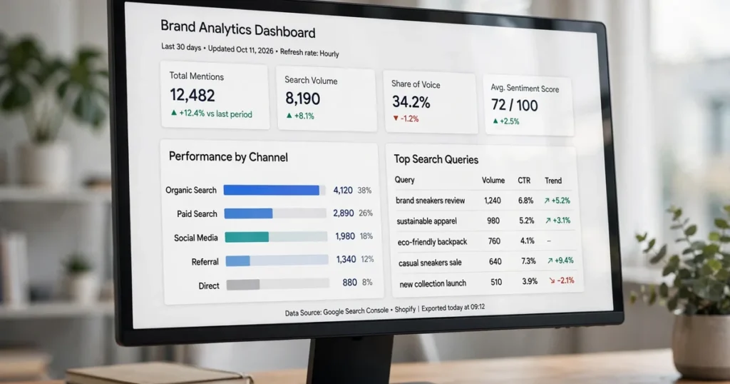 Microsoft Clarity AI Visibility brand terms dashboard with brand analytics charts on a monitor
