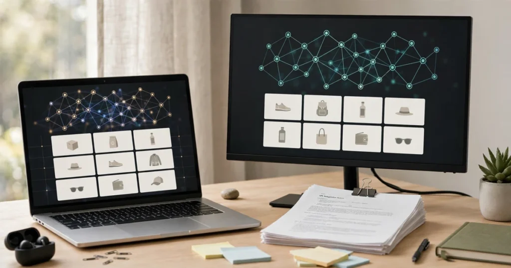 Shopify Global Catalog API migration to MCP shown as a laptop and monitor with product catalog grids and connected nodes on a desk