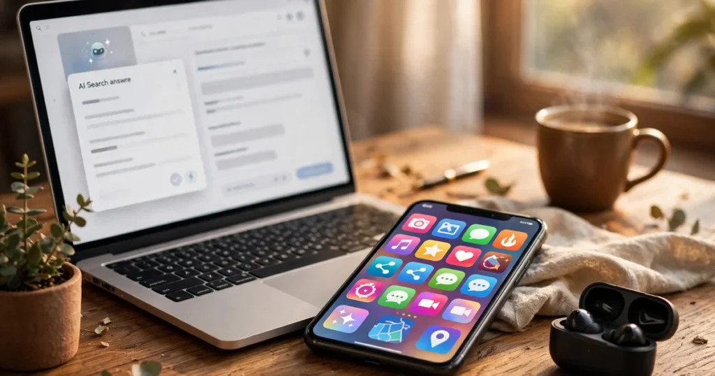 Social media AI search visibility shown on phone and laptop screens displaying social feeds beside an AI search answer
