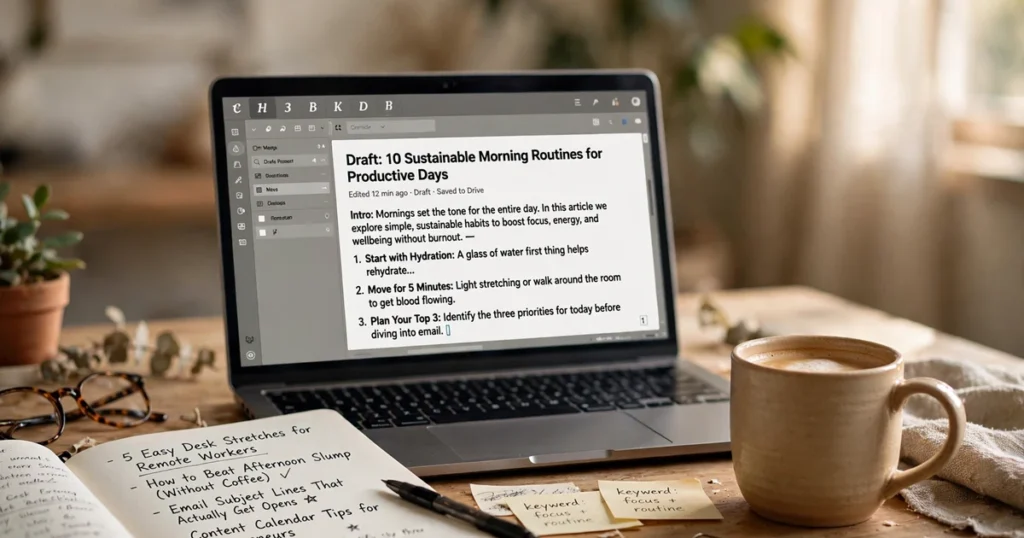 Website content optimization shown with a content editor on a laptop