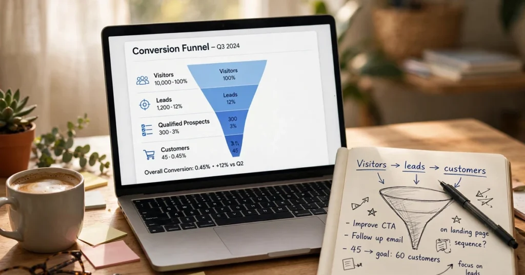 Website conversion rate optimization explained with a funnel diagram on a laptop