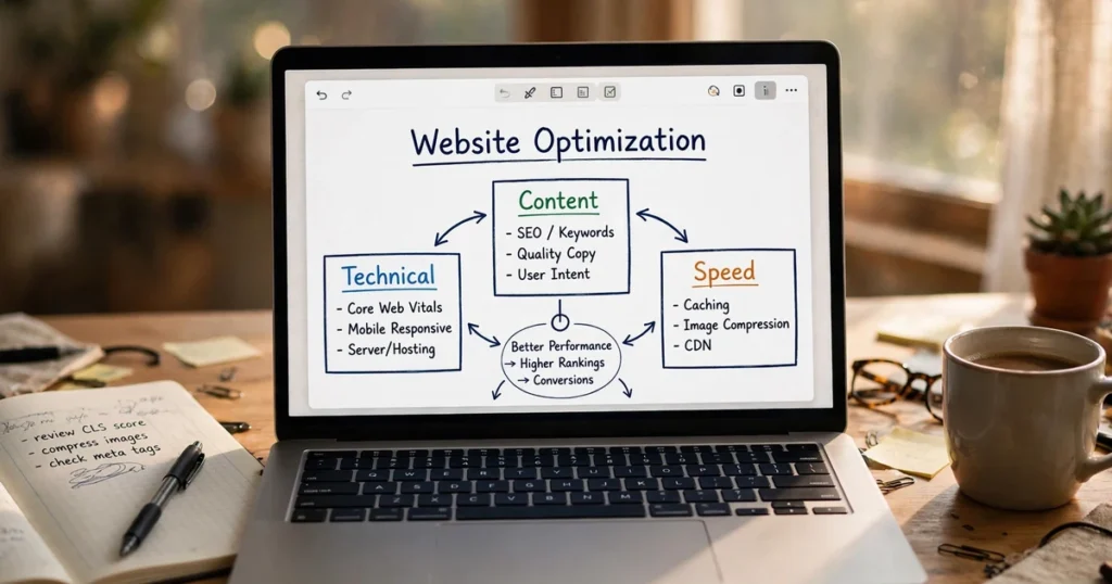 What is website optimization explained with a flowchart on a laptop in a home office