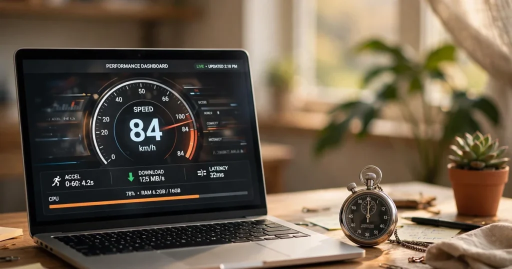 Website speed optimization shown with a performance speed gauge on a laptop