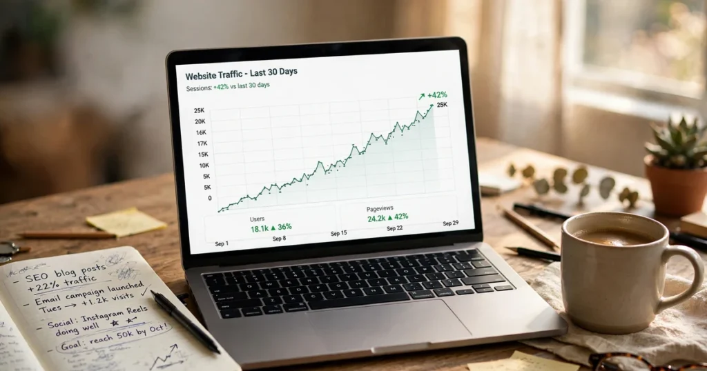 Why website optimization is important shown with a traffic growth chart on a laptop