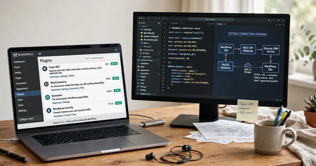 WordPress MCP Adapter plugin shown in a WordPress admin dashboard on a laptop beside a second monitor with connection diagrams