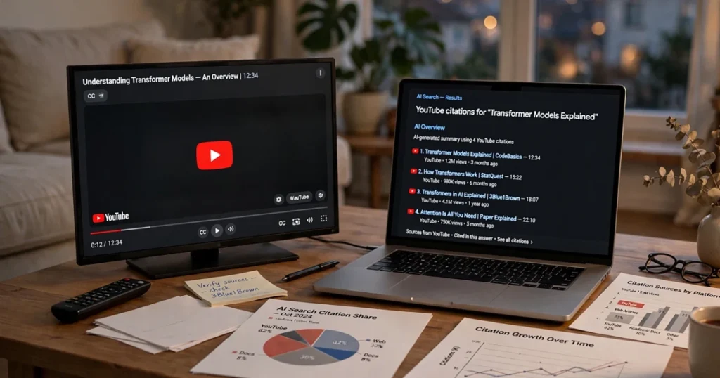 YouTube AI search citations shown on a television and laptop with a video player interface and printed charts on a table